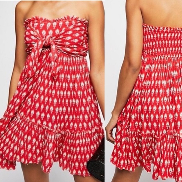 Free People FP One Red White Cinched Boho Western Cottagecore Summer Dress XS - Picture 2 of 14